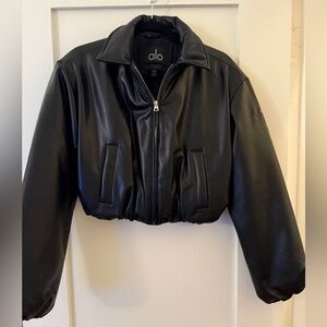 alo Cropped Faux Leather Bomber Jacket